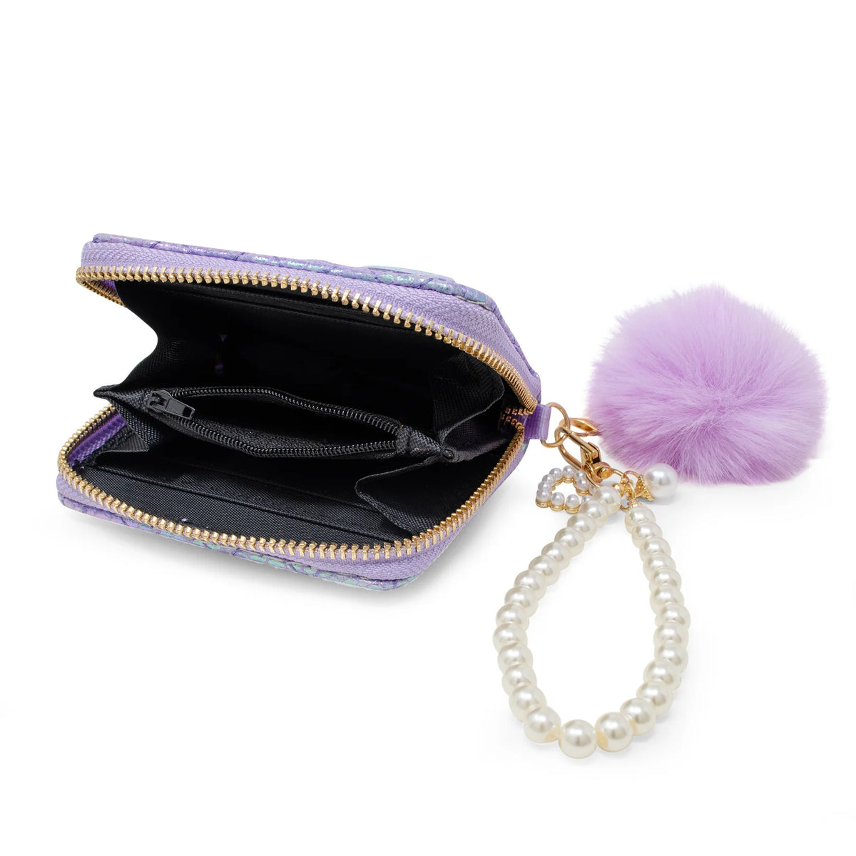 Mermaid Tail Pearl Quilted Wallet with pearl wristlet and fluffy purple pom pom charm