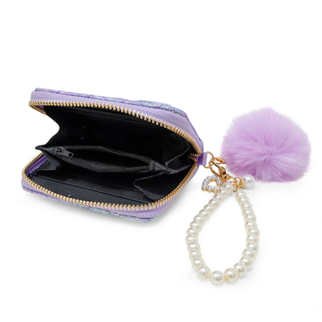 Mermaid Tail Pearl Quilted Wallet with pearl wristlet and fluffy purple pom pom charm