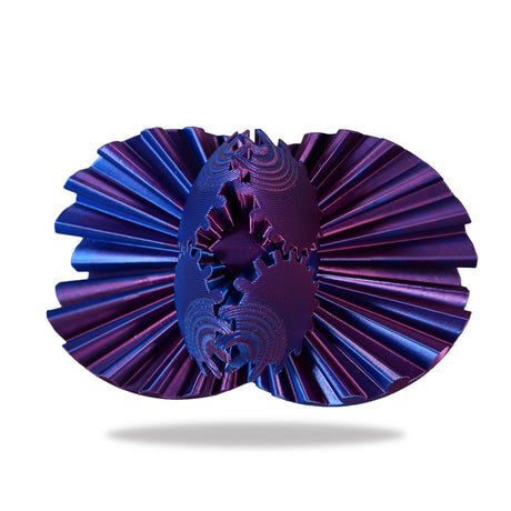 Gear Ball showing purple and blue interlocking gears in a dynamic, shape-shifting design on a white background.