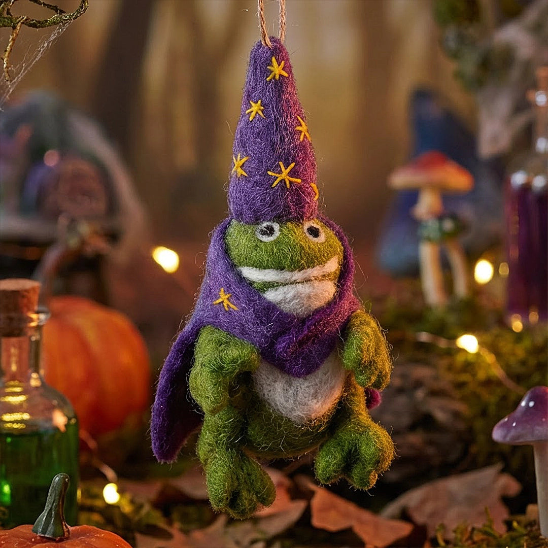 Wizard Frog Felt Ornament featuring a green frog in a purple starry wizard hat and cape