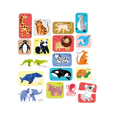 Puzzle Pairs Wild Animals colorful two-piece animal puzzles for toddlers fostering learning and motor skills development.