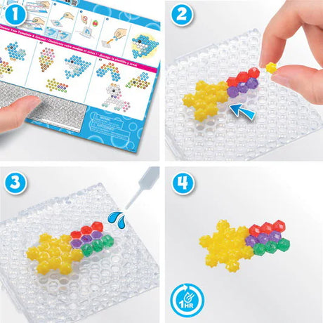 Aquabeads Mini Creations Kit showing step-by-step bead placement, water activation, and finished colorful bead design.