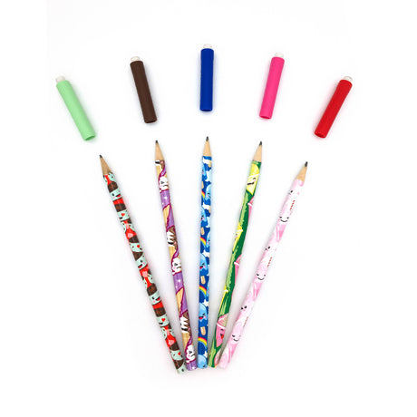 Pencil Topper Scented | Sweet Scoop displaying five colorful scented pencil toppers with matching decorative pencils.