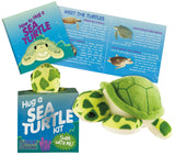 Mini plush sea turtle toy with educational guide about turtle species and ocean conservation in small box packaging