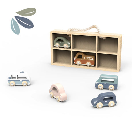 Wooden display case with six colorful toy cars designed for small hands and durable play.