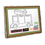 Kids’ placemat featuring a food truck outline for coloring and interactive mealtime fun with Pigeon character.