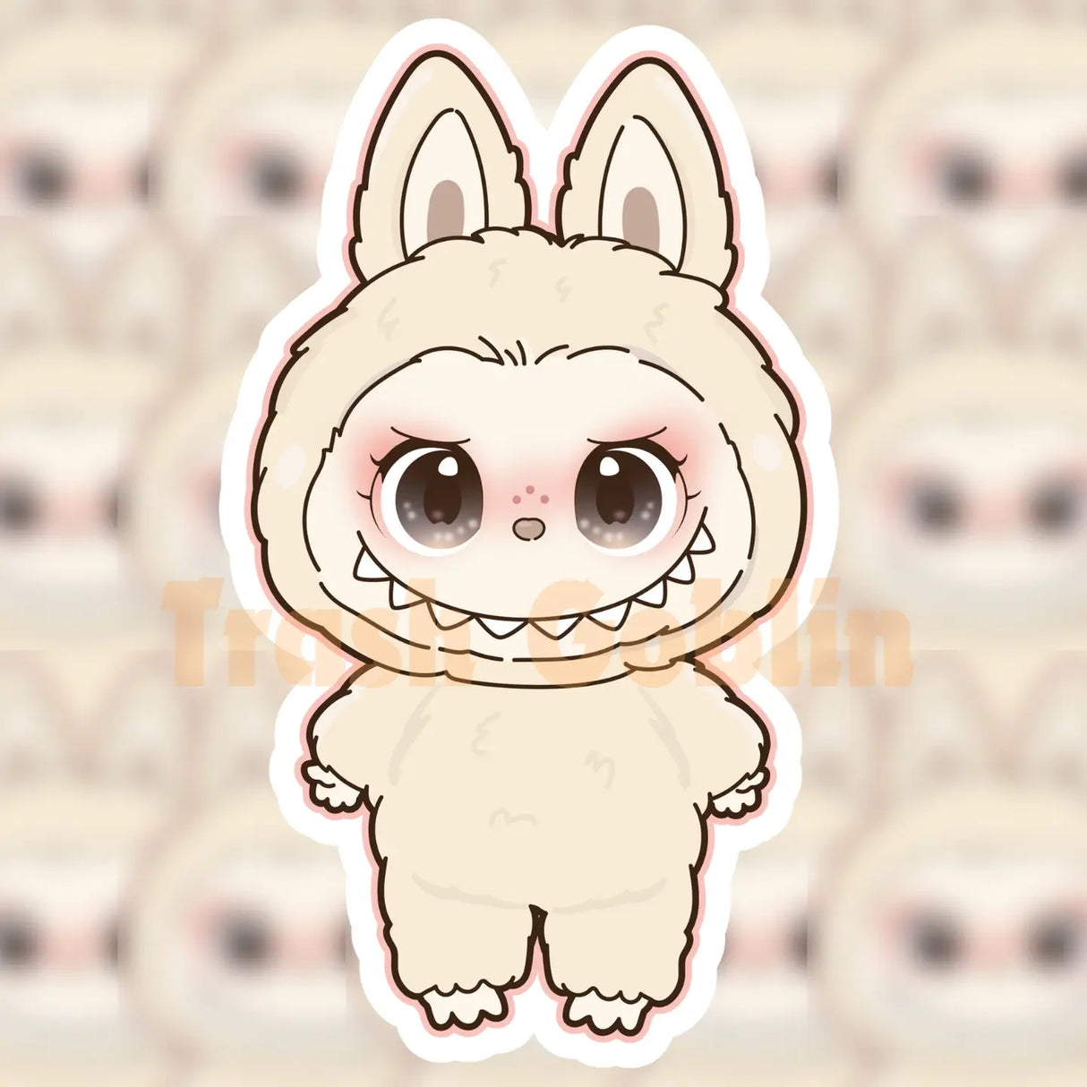 Cute cream-colored Labubu character sticker with big eyes and bunny ears in a 3-inch vinyl design