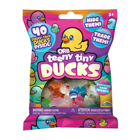 Colorful package of Teeny Tiny Ducks featuring 40 unique tiny resin ducks for hiding, trading, and collecting.