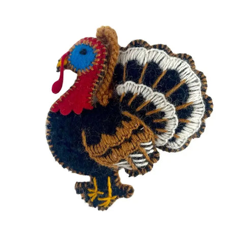 Turkey Embroidered Ornament featuring colorful handmade embroidery on plush wool, perfect for Thanksgiving or holiday decor.