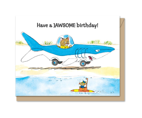 Birthday card featuring a cat driving a shark car and a mouse fishing by the water with JAWSOME birthday text