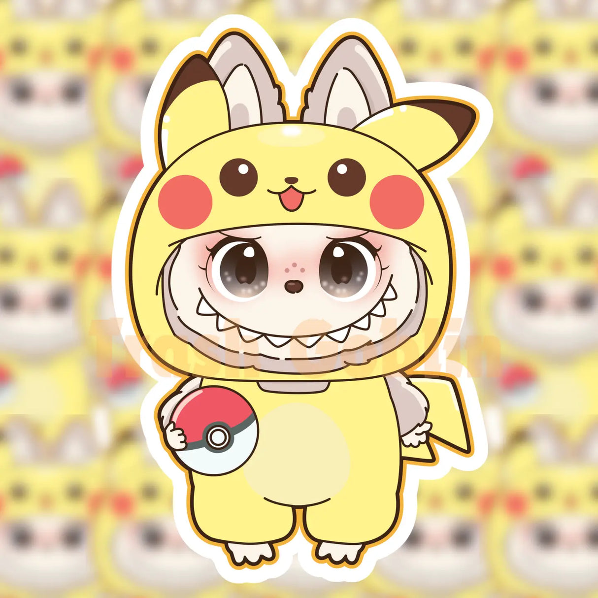 Cute character dressed in a yellow Pikachu outfit holding a red and white Pokeball vinyl sticker design