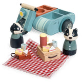Badger Picnic Motorbike Ride wooden toy with two badger figures picnic blanket basket food and blue motorbike
