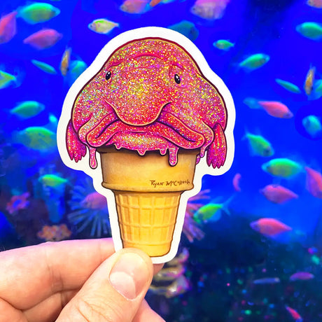 Baskin Blobfish Sticker showing a pink blobfish scoop on an ice cream cone, durable and waterproof vinyl design.
