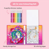 Coloring set with glitter markers, unicorn-themed storage box, and a flip pad of intricate coloring pages on pink background