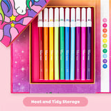 Set of ten colorful brush markers neatly arranged in a vibrant pink box with a unicorn-themed lid design
