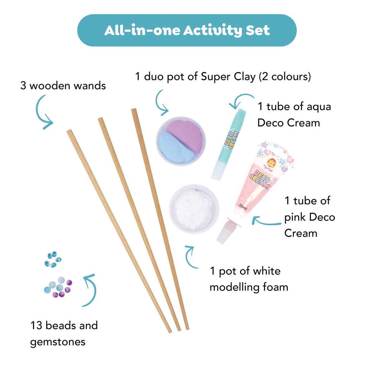 Magic Wand Kit | Pastel Power with wooden wands clay deco cream foam beads and gemstones
