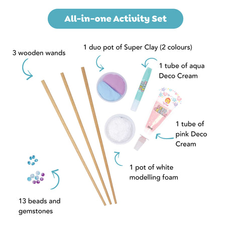 Magic Wand Kit | Pastel Power with wooden wands clay deco cream foam beads and gemstones