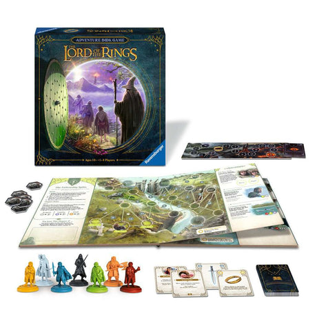 Lord of the Rings Adventure Book Game with board, character miniatures, cards, and rulebook for epic Middle-earth quests.
