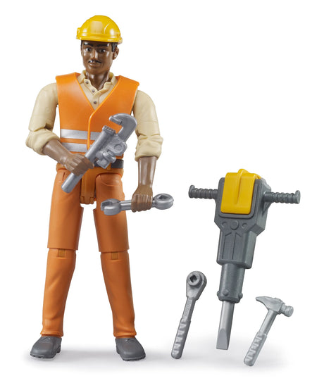 Construction Worker with Accessories figure wearing helmet and vest holding tools with a pneumatic hammer and accessories.