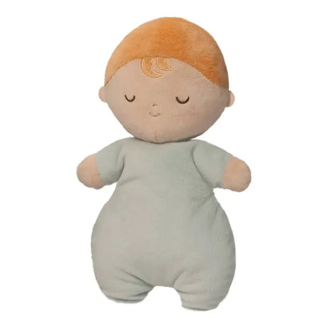 Baby Wolf Hug soft doll with closed eyes, orange hair, and light gray plush body for cuddling and play.