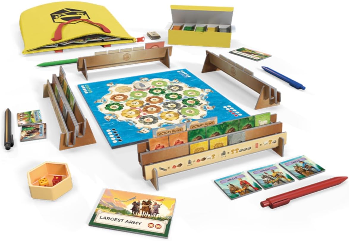 Catan Zip! colorful hexagonal tiles cards and wooden pieces arranged for play