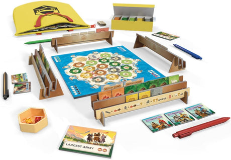 Catan Zip! colorful hexagonal tiles cards and wooden pieces arranged for play