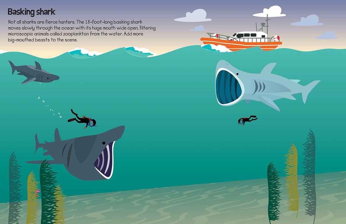 Illustration of large basking sharks swimming near scuba divers and underwater plants with a boat on the surface