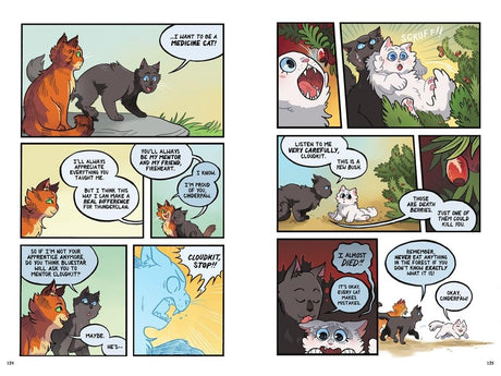 Warriors #2: The Prophecies Begin graphic novel pages showing dialogue between warrior cats Fireheart and others.