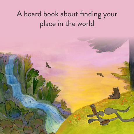 A Cub Story board book cover shows a bear cub by a stream at sunset learning about finding its place.