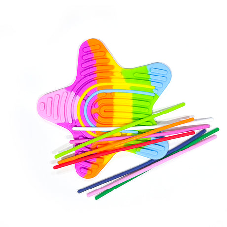 Silly Tubes Silicone Sensory Toy colorful star shape with 10 bright strings for tactile, calming play and fine motor skills development.