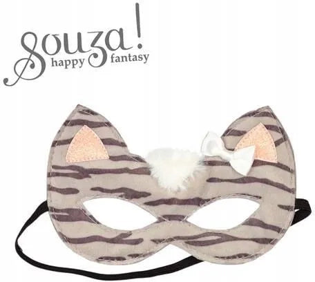 Grey and dark grey tiger cat mask with pink glitter ears white faux fur and bow elastic strap for kids ages 3 and up
