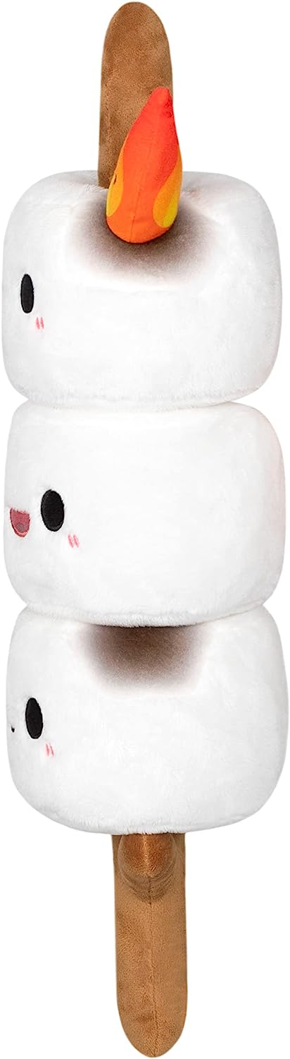 Marshmallow Stick Mini plush toy with three smiling marshmallows and a flame on a brown stick.