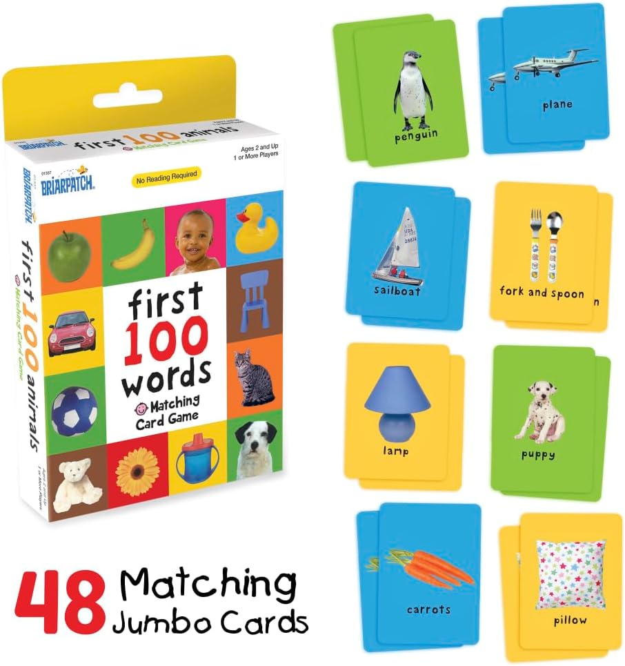 First 100 Words Matching Card Game with colorful illustrated vocabulary cards and matching game box