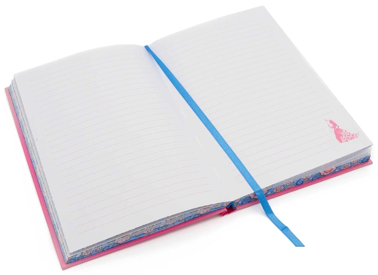 Wicked Glinda Journal open to lined pages with blue ribbon bookmark and decorative patterned edge printing.