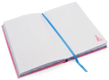 Wicked Glinda Journal open to lined pages with blue ribbon bookmark and decorative patterned edge printing.