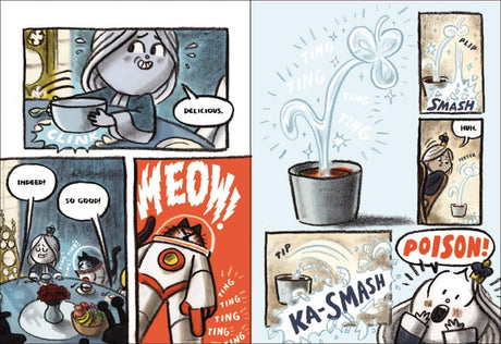 Comic panels from First Cat in Space and the Soup of Doom showing characters reacting to poisoned soup.