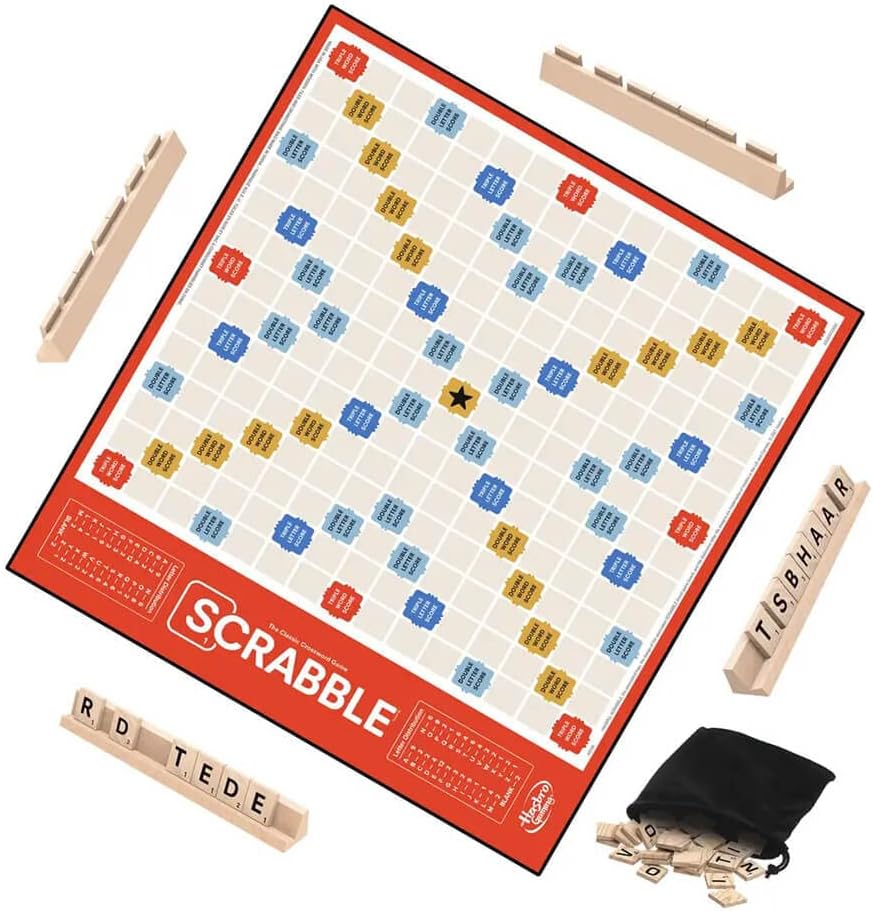Scrabble board game with letter tiles wooden racks and drawstring tile bag