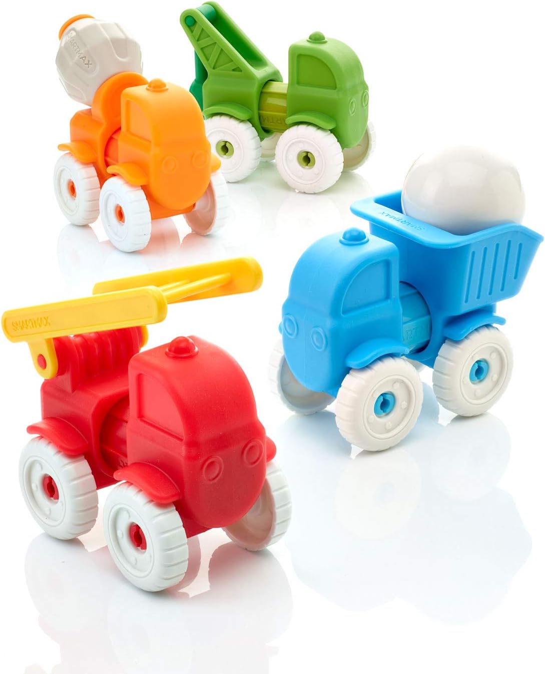 Set of colorful plastic toy trucks in blue, red, orange, and green with white wheels for toddlers to play with