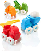 Set of colorful plastic toy trucks in blue, red, orange, and green with white wheels for toddlers to play with