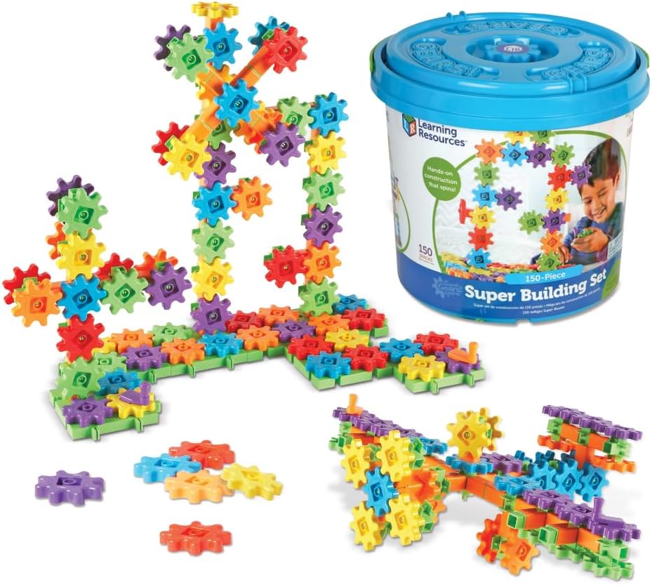 Colorful interlocking gears building set with 150 pieces stored in a blue bucket for creative play and learning fun