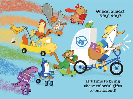 Mail Duck and friends bring colorful gifts riding bikes and scooters in Mail Duck Helps a Friend Lift the Flap.