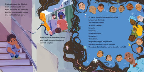 The Good Hair Day book illustration showing Noah imagining long wavy hair and diverse community faces.