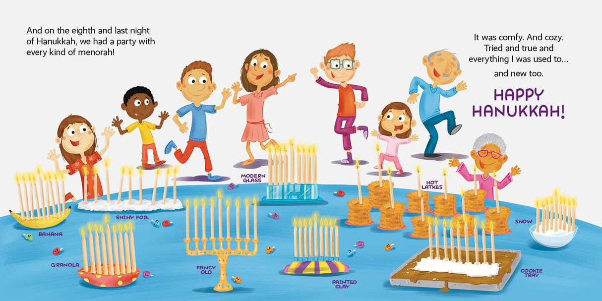 Illustration of six cheerful children celebrating Hanukkah with various colorful menorahs and traditional foods on a blue table