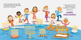 Illustration of six cheerful children celebrating Hanukkah with various colorful menorahs and traditional foods on a blue table