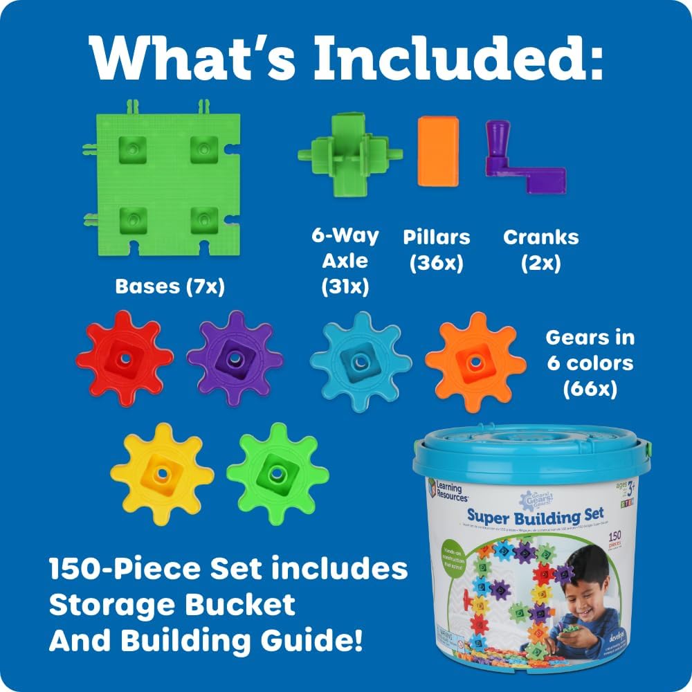 Colorful interlocking gears, bases, axles, pillars, and cranks shown with a storage bucket and building guide for kids.