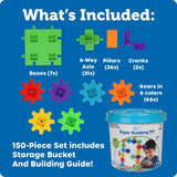 Colorful interlocking gears, bases, axles, pillars, and cranks shown with a storage bucket and building guide for kids.