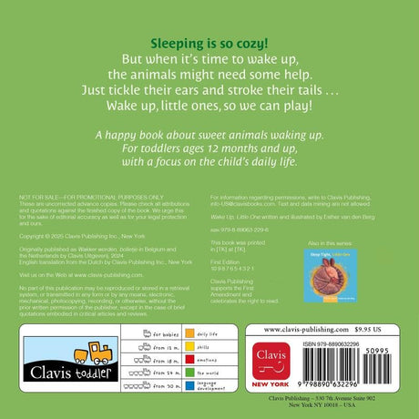Back cover of a toddler book featuring a cozy bedtime message about animals waking up for playtime