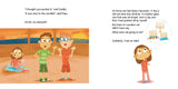 Illustration of three children inside a room with one child imagining three colorful menorahs on a white surface