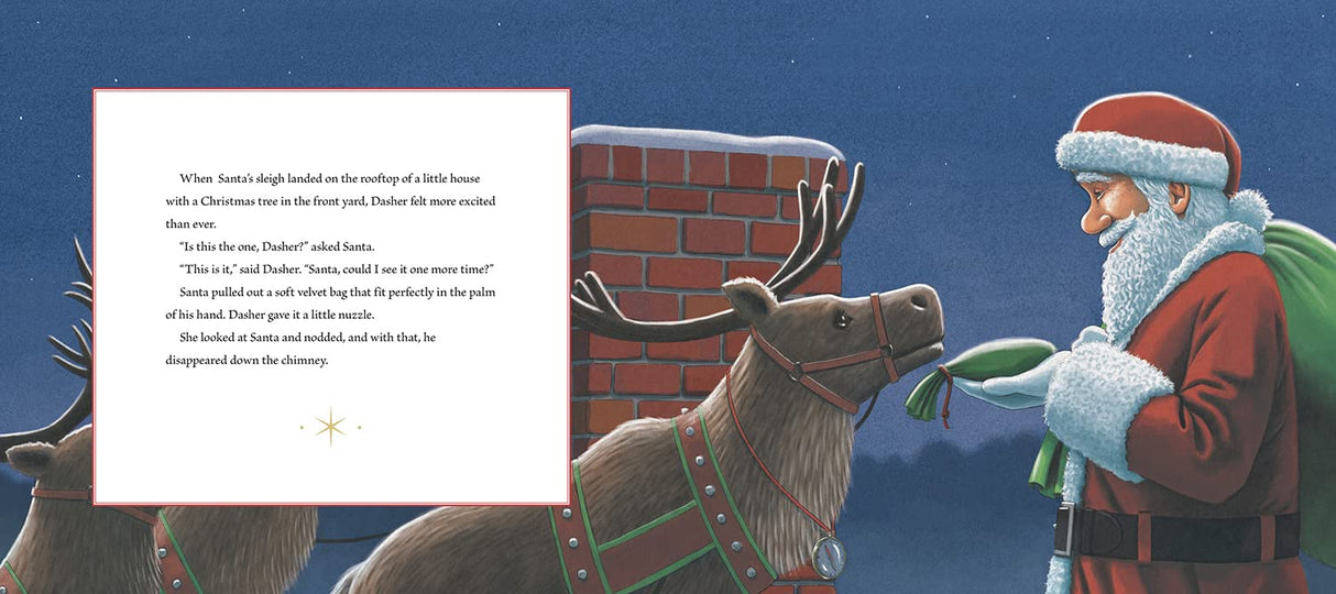 Santa handing a green gift to a brown reindeer standing in front of a chimney against a dark blue sky