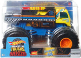 Hot Wheels Big Monster Truck Haulin 64 die-cast toy with oversized wheels and vibrant blue and yellow colors